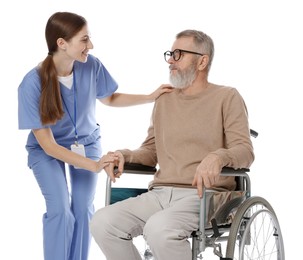 Caregiver assisting senior man in wheelchair on white background. Home health care service