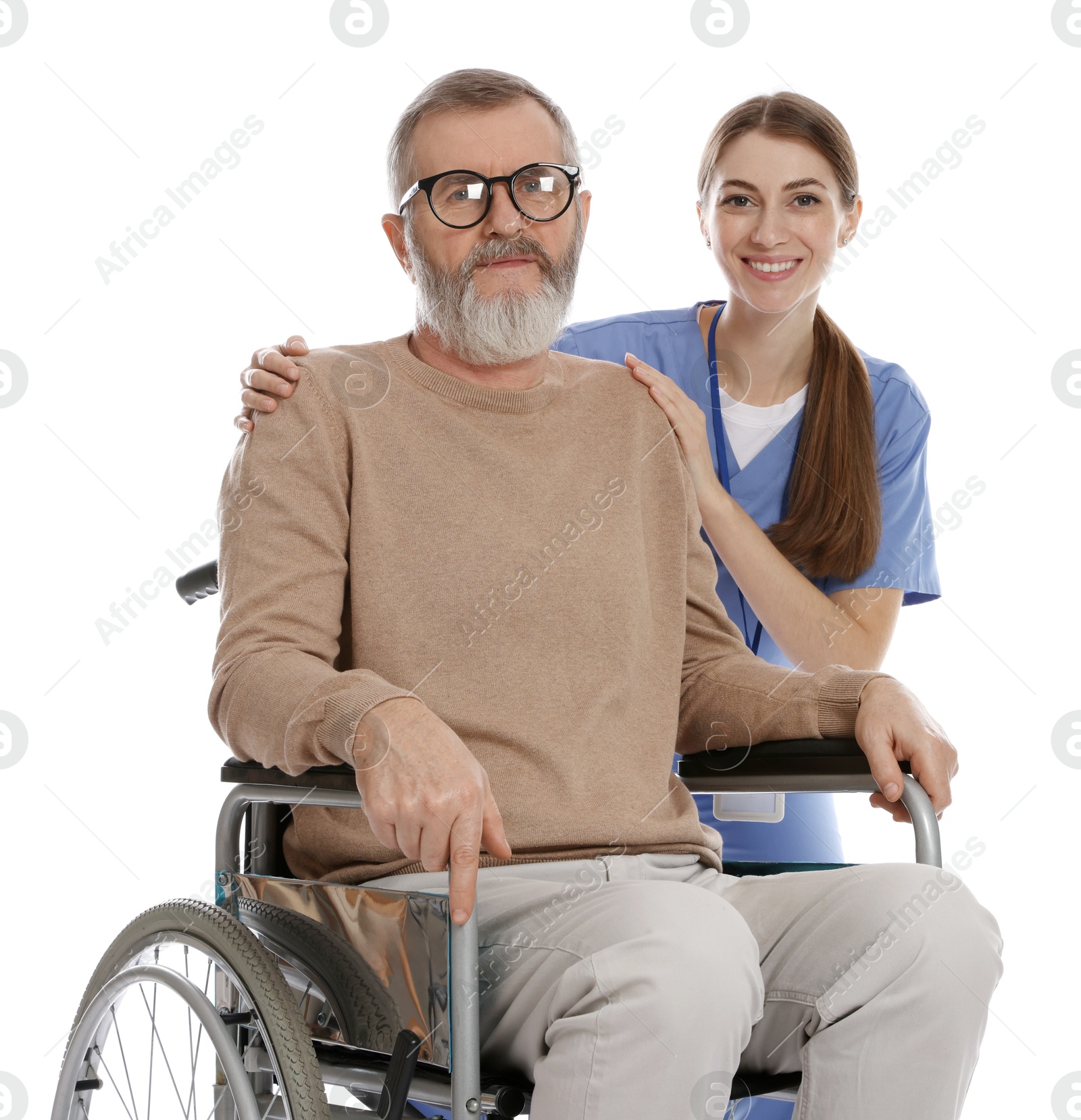 Photo of Caregiver assisting senior man in wheelchair on white background. Home health care service