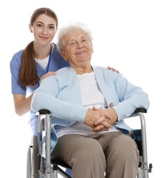 Caregiver assisting senior woman in wheelchair on white background. Home health care service