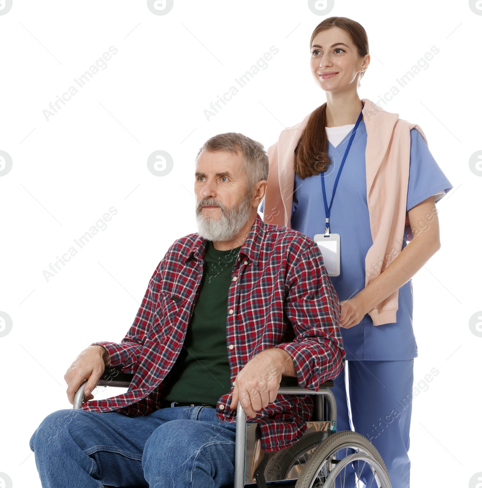 Photo of Caregiver assisting senior man in wheelchair on white background. Home health care service