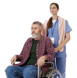 Photo of Caregiver assisting senior man in wheelchair on white background. Home health care service