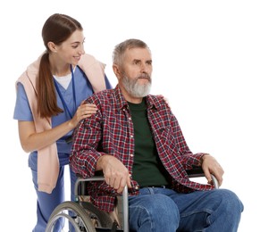 Caregiver assisting senior man in wheelchair on white background. Home health care service