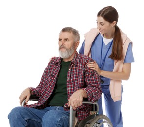 Caregiver assisting senior man in wheelchair on white background. Home health care service