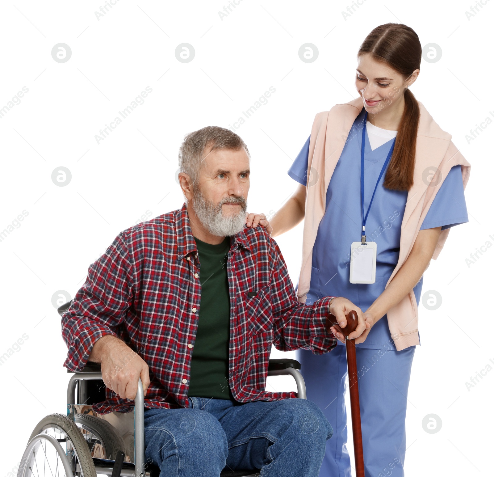 Photo of Caregiver assisting senior man in wheelchair on white background. Home health care service