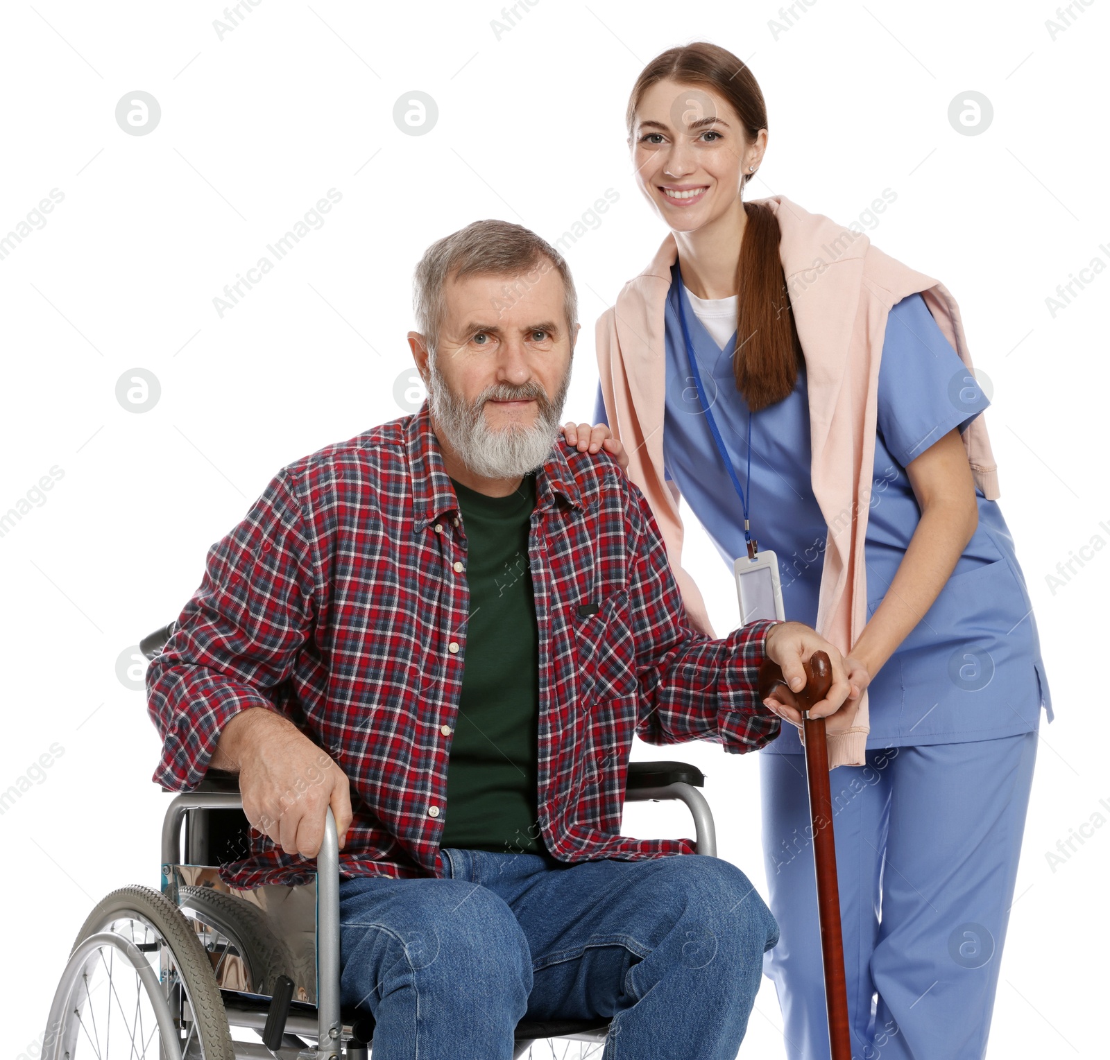 Photo of Caregiver assisting senior man in wheelchair on white background. Home health care service