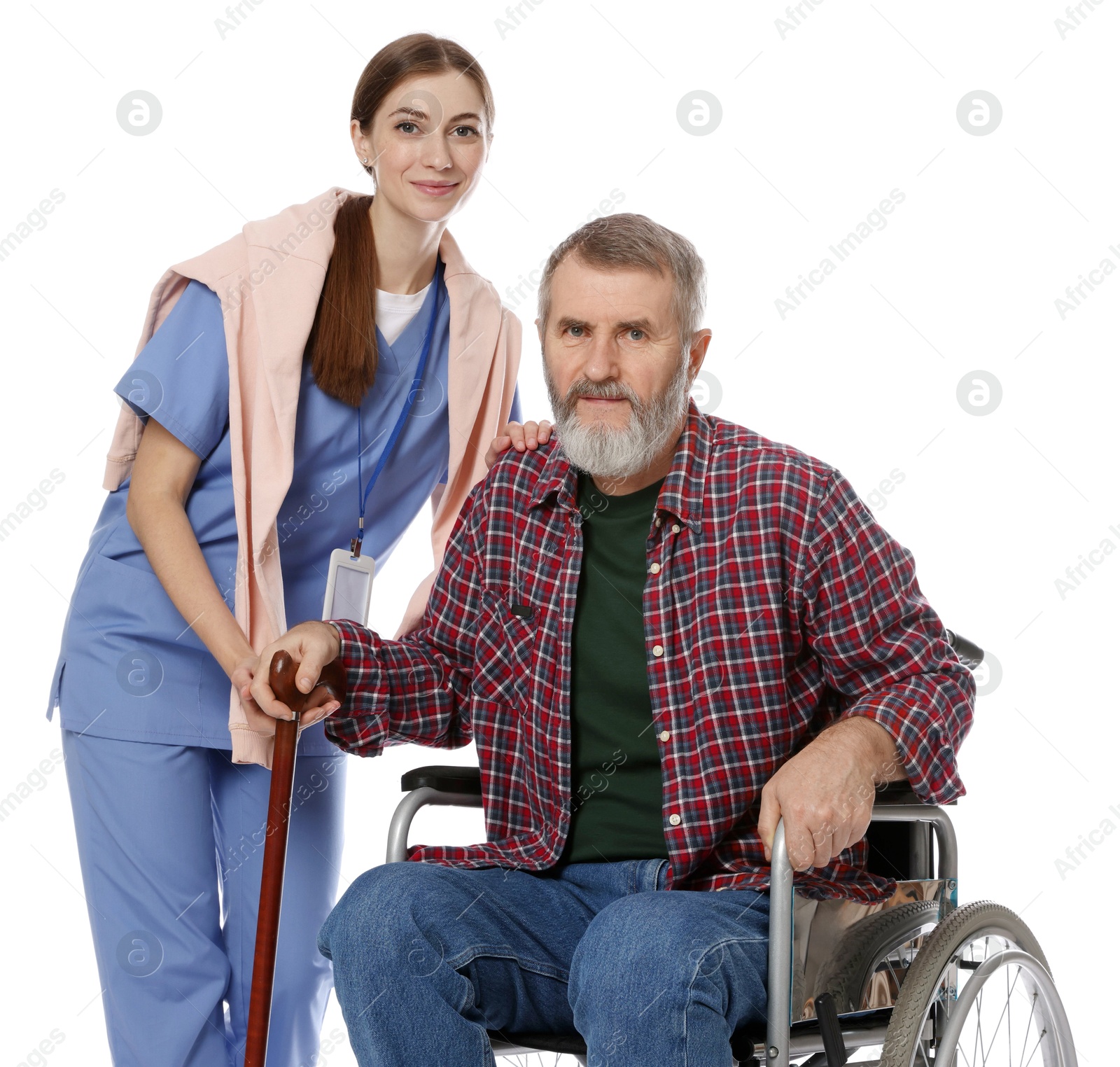 Photo of Caregiver assisting senior man in wheelchair on white background. Home health care service