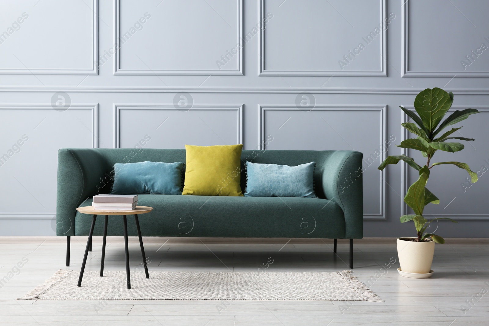 Photo of Stylish sofa with cushions, plant and books on coffee table in room