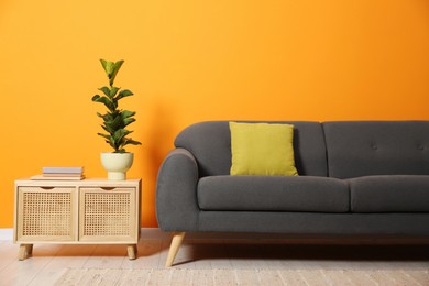 Photo of Stylish sofa with cushion, books and plant on side table near orange wall