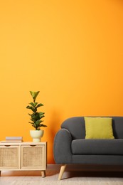 Photo of Stylish sofa with cushion, books and plant on side table near orange wall