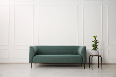 Photo of Stylish sofa and plant on side table near white wall