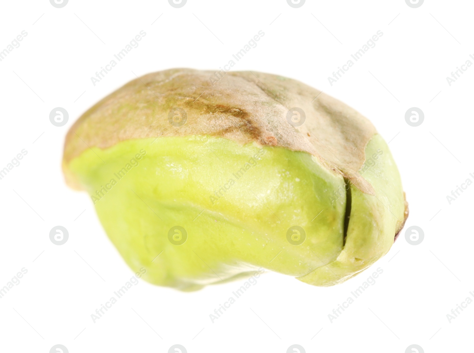 Photo of One peeled pistachio nut isolated on white