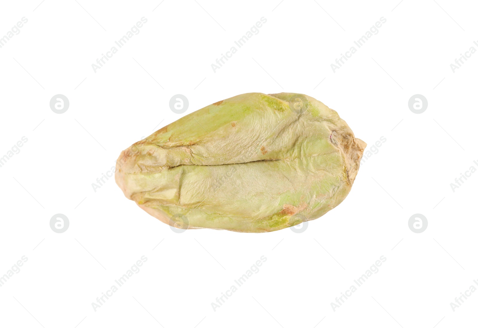 Photo of One peeled pistachio nut isolated on white