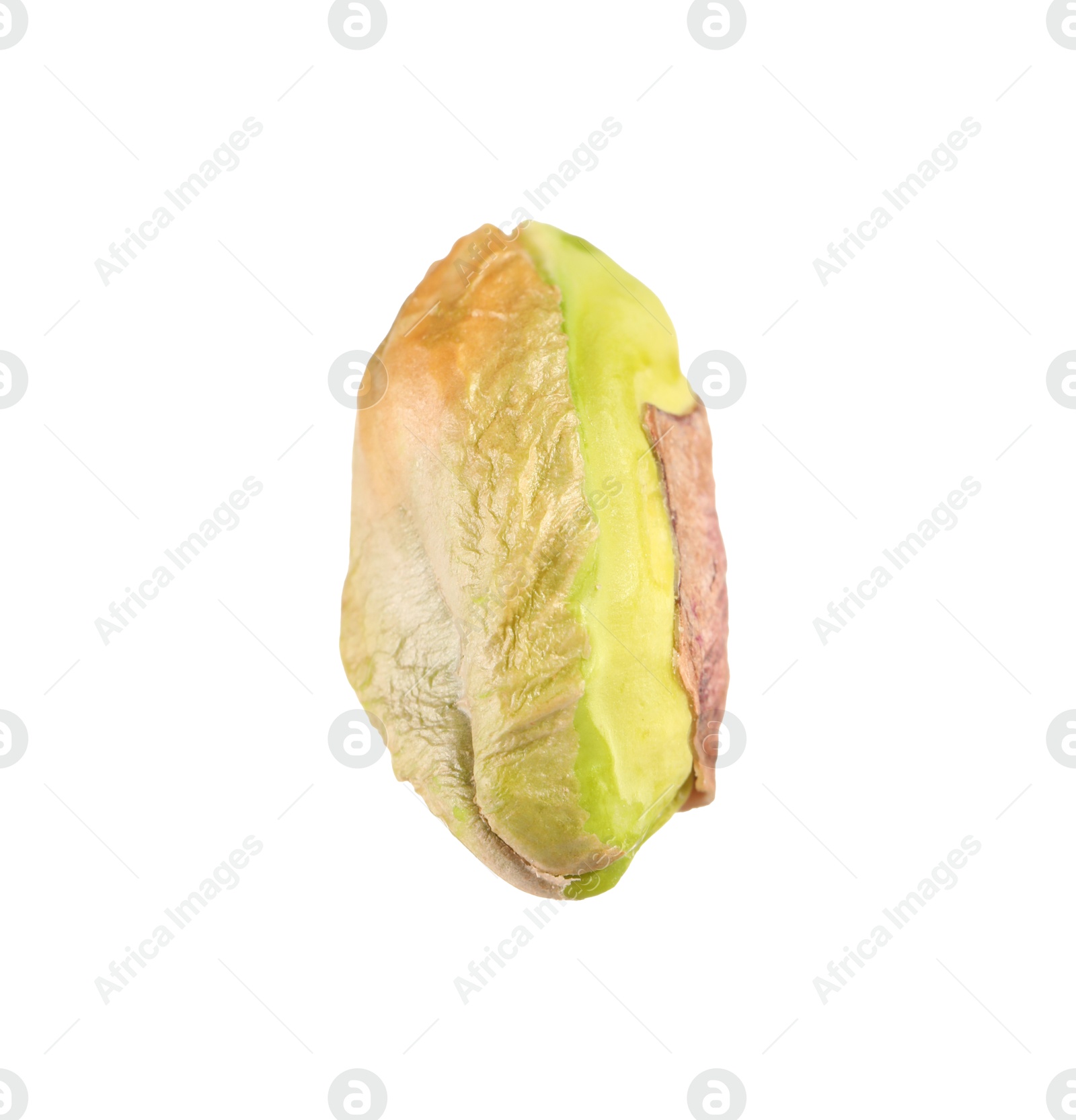 Photo of One peeled pistachio nut isolated on white