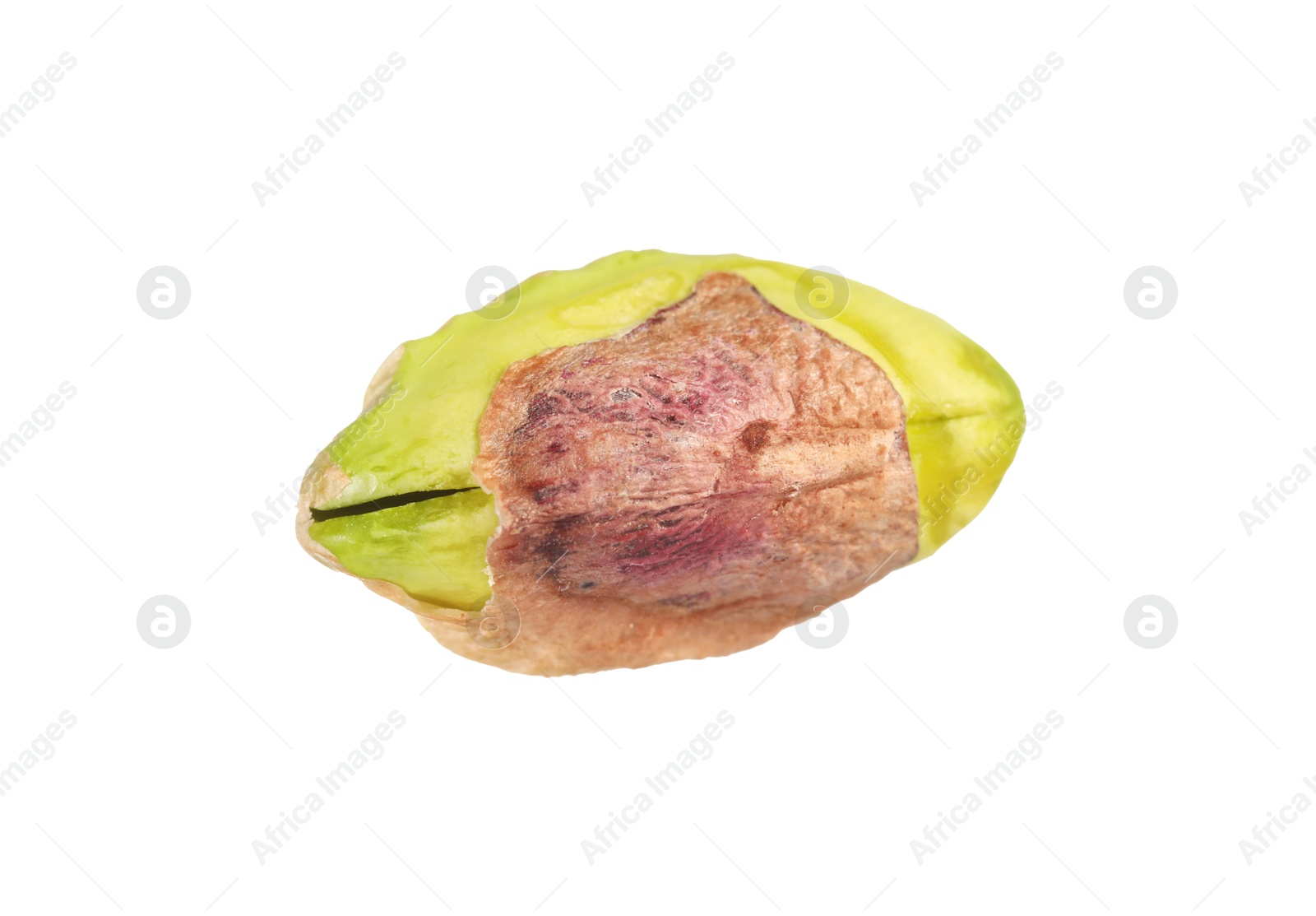 Photo of One peeled pistachio nut isolated on white