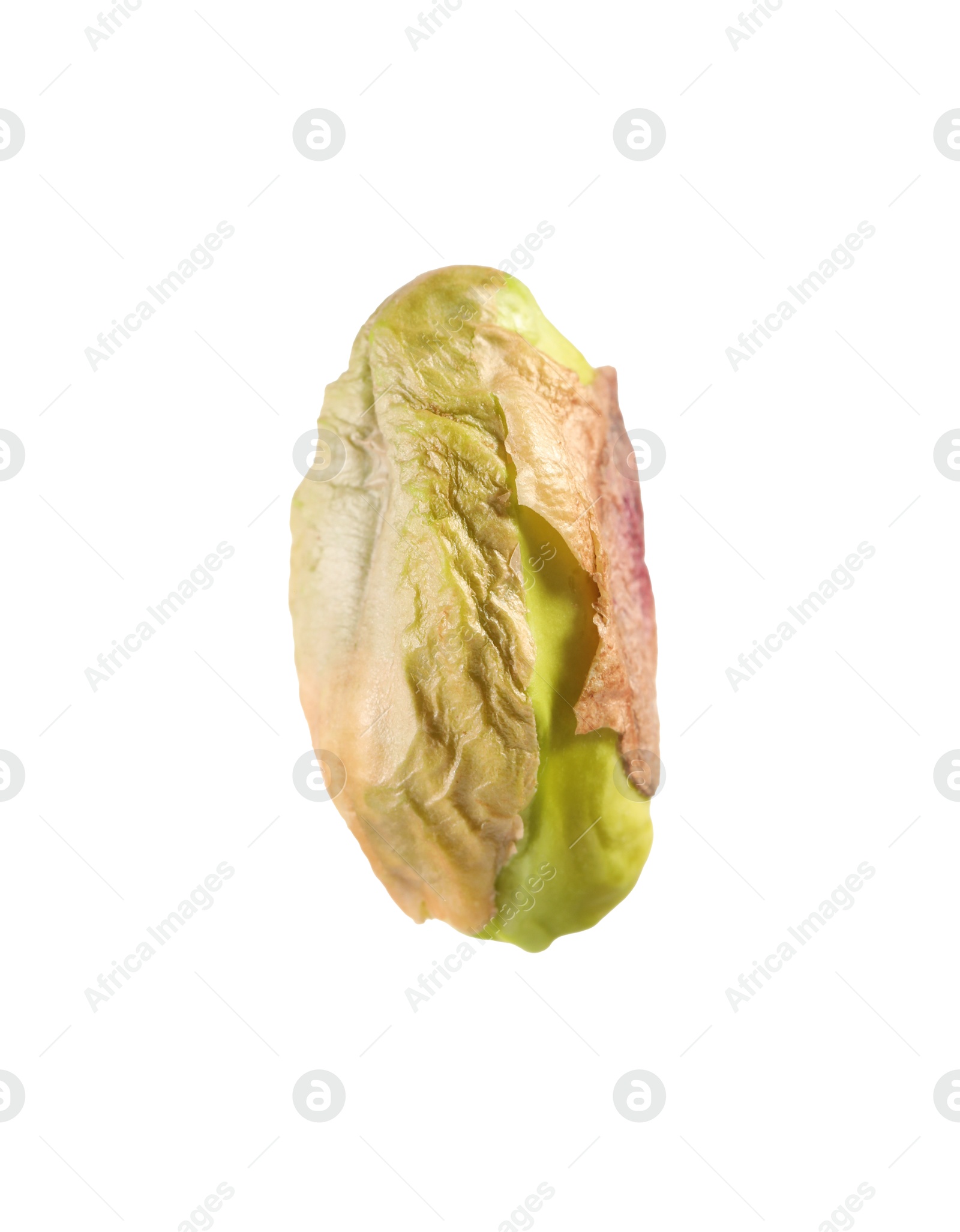 Photo of One peeled pistachio nut isolated on white