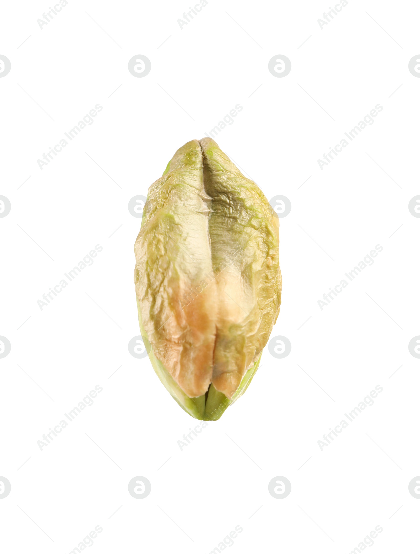 Photo of One peeled pistachio nut isolated on white