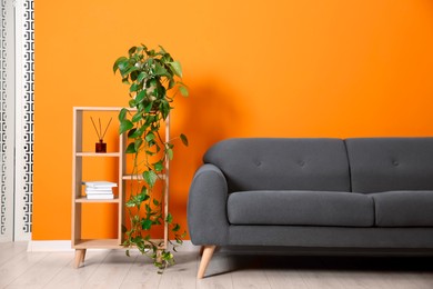 Photo of Stylish sofa and shelving unit with decor near orange wall indoors