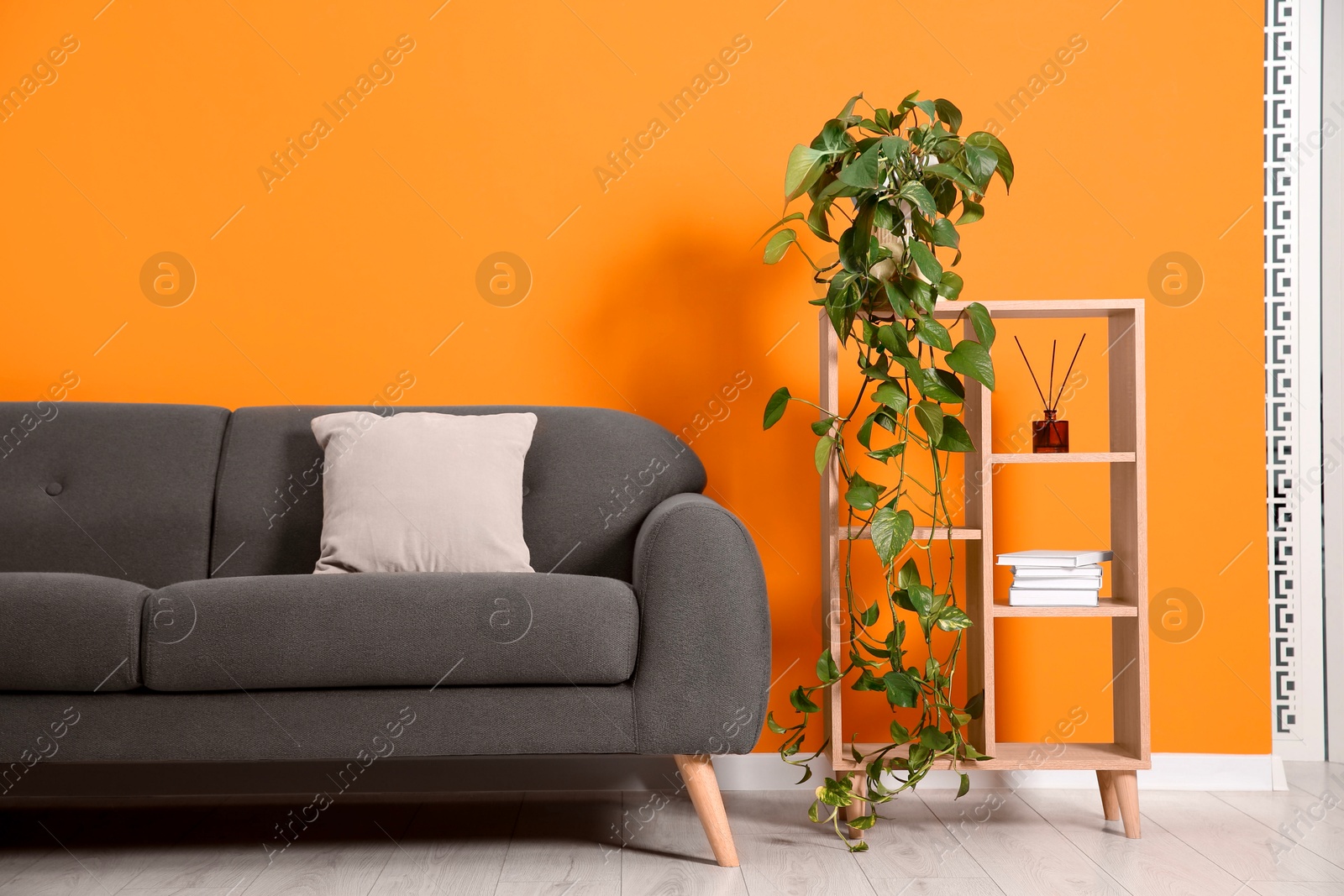 Photo of Stylish sofa, pillow and shelving unit with decor near orange wall indoors