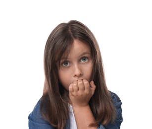 Photo of Portrait of scared little girl on white background