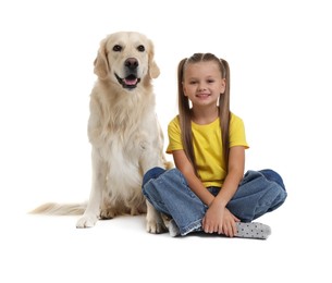 Photo of Girl with her cute Golden Retriever dog on white background