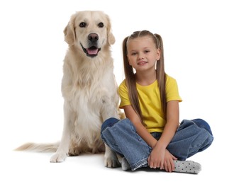 Photo of Girl with her cute Golden Retriever dog on white background