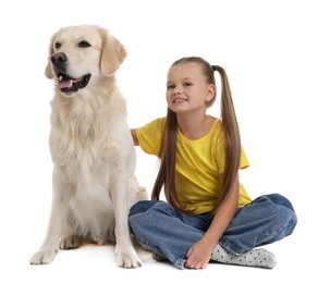 Girl with her cute Golden Retriever dog on white background