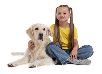 Photo of Girl with her cute Golden Retriever dog on white background