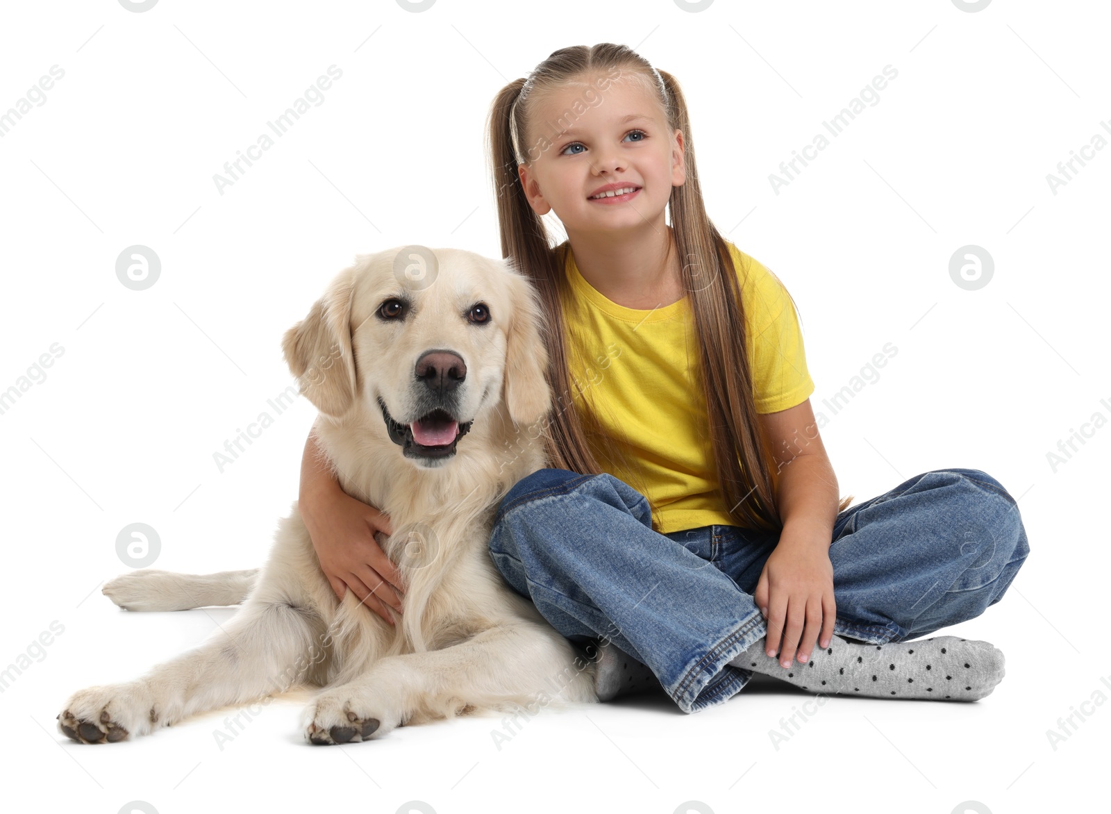 Photo of Girl with her cute Golden Retriever dog on white background