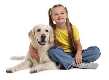 Photo of Girl with her cute Golden Retriever dog on white background