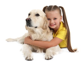 Photo of Girl with her cute Golden Retriever dog on white background