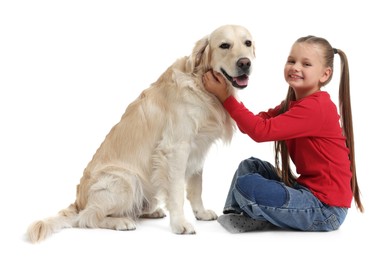 Photo of Girl with her cute Golden Retriever dog on white background