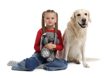 Girl with toy bunny and her cute Golden Retriever dog on white background