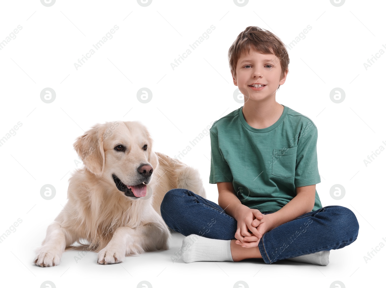 Photo of Boy with his cute dog on white background