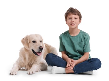 Boy with his cute dog on white background