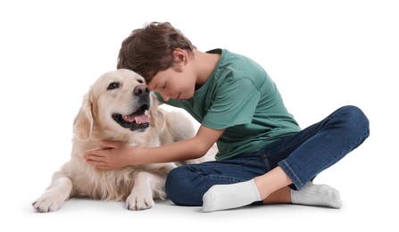 Photo of Boy with his cute dog on white background