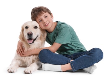 Boy with his cute dog on white background