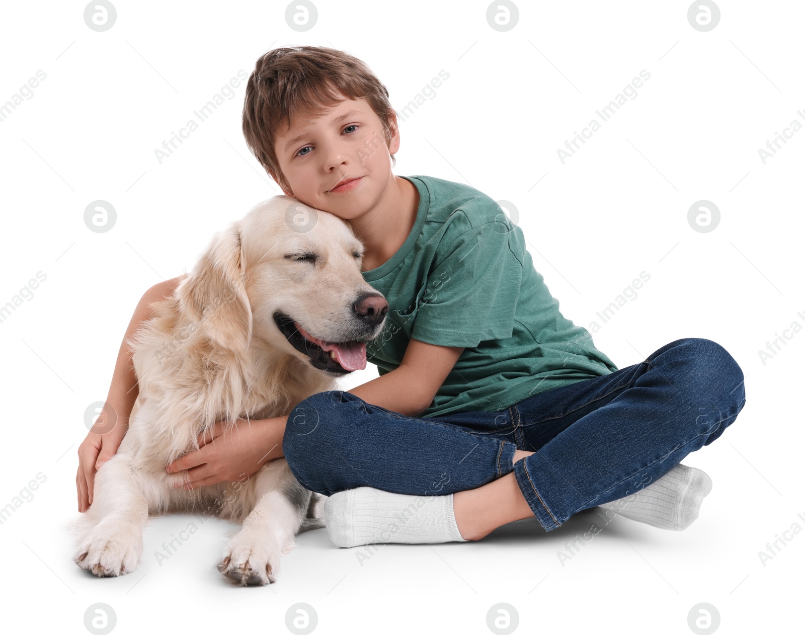 Photo of Boy with his cute dog on white background