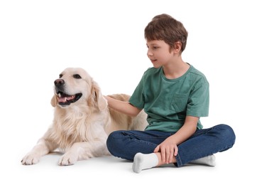 Photo of Boy with his cute dog on white background