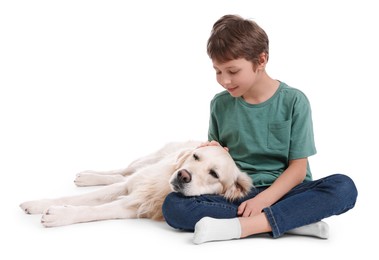 Boy with his cute dog on white background