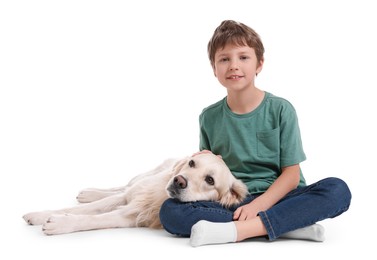 Boy with his cute dog on white background