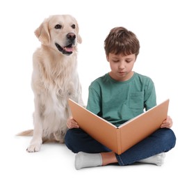 Photo of Boy reading book with his cute dog on white background