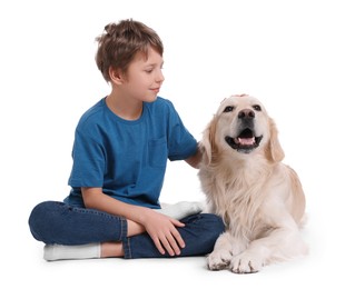 Photo of Boy with his cute dog on white background