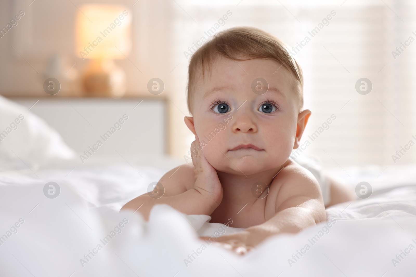 Photo of Cute baby lying on bed at home