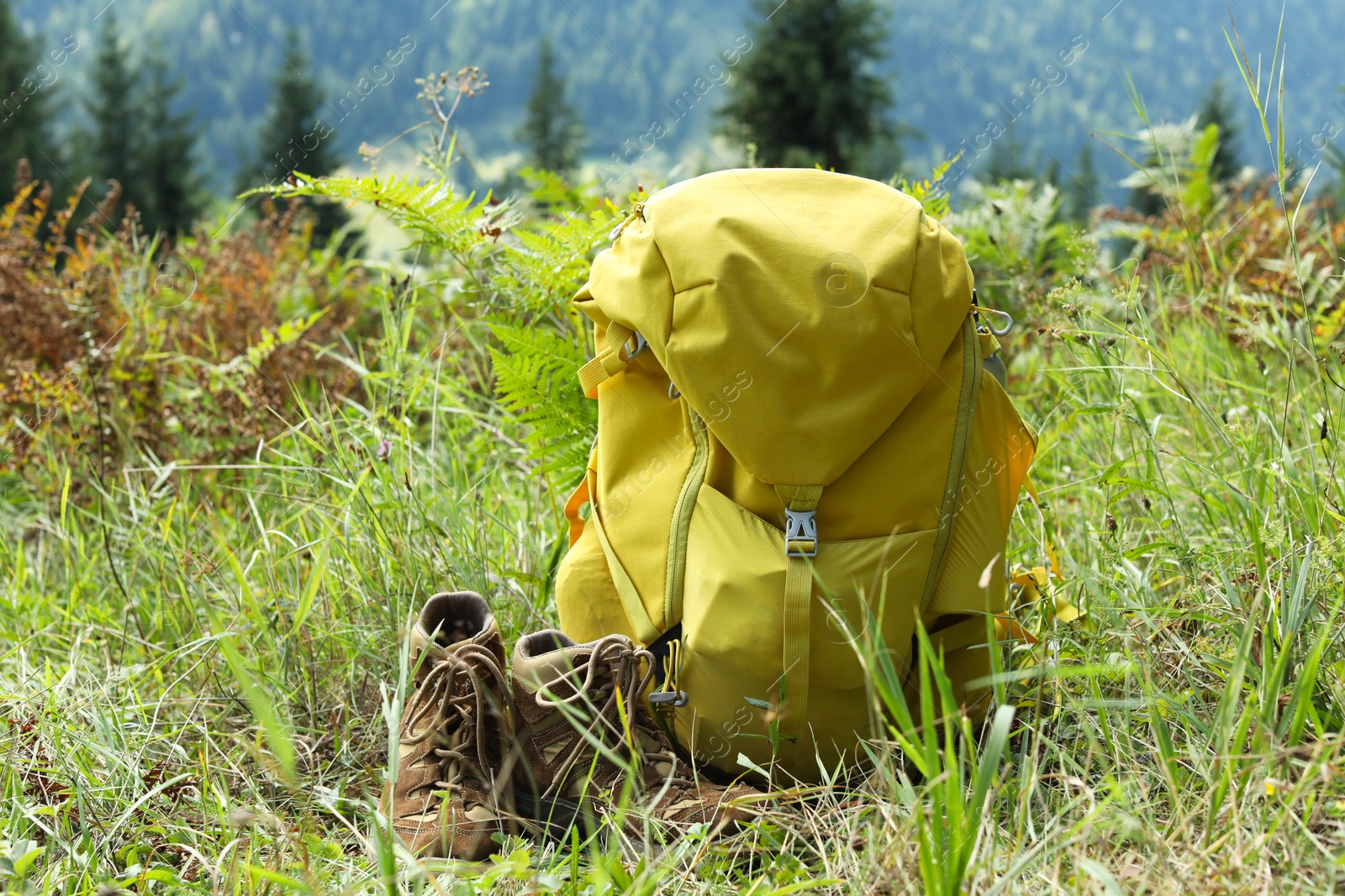 Photo of Backpack and trekking shoes on green grass outdoors