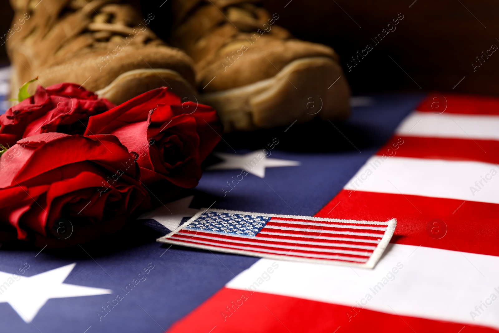 Photo of Veterans day. USA army patch, American flag, roses and military shoes, closeup