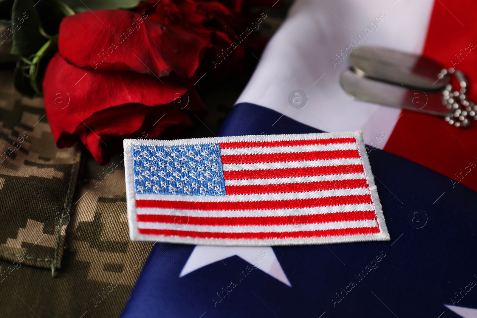 Photo of Veterans day. USA army patch, tokens, American flag, roses and military uniform, closeup