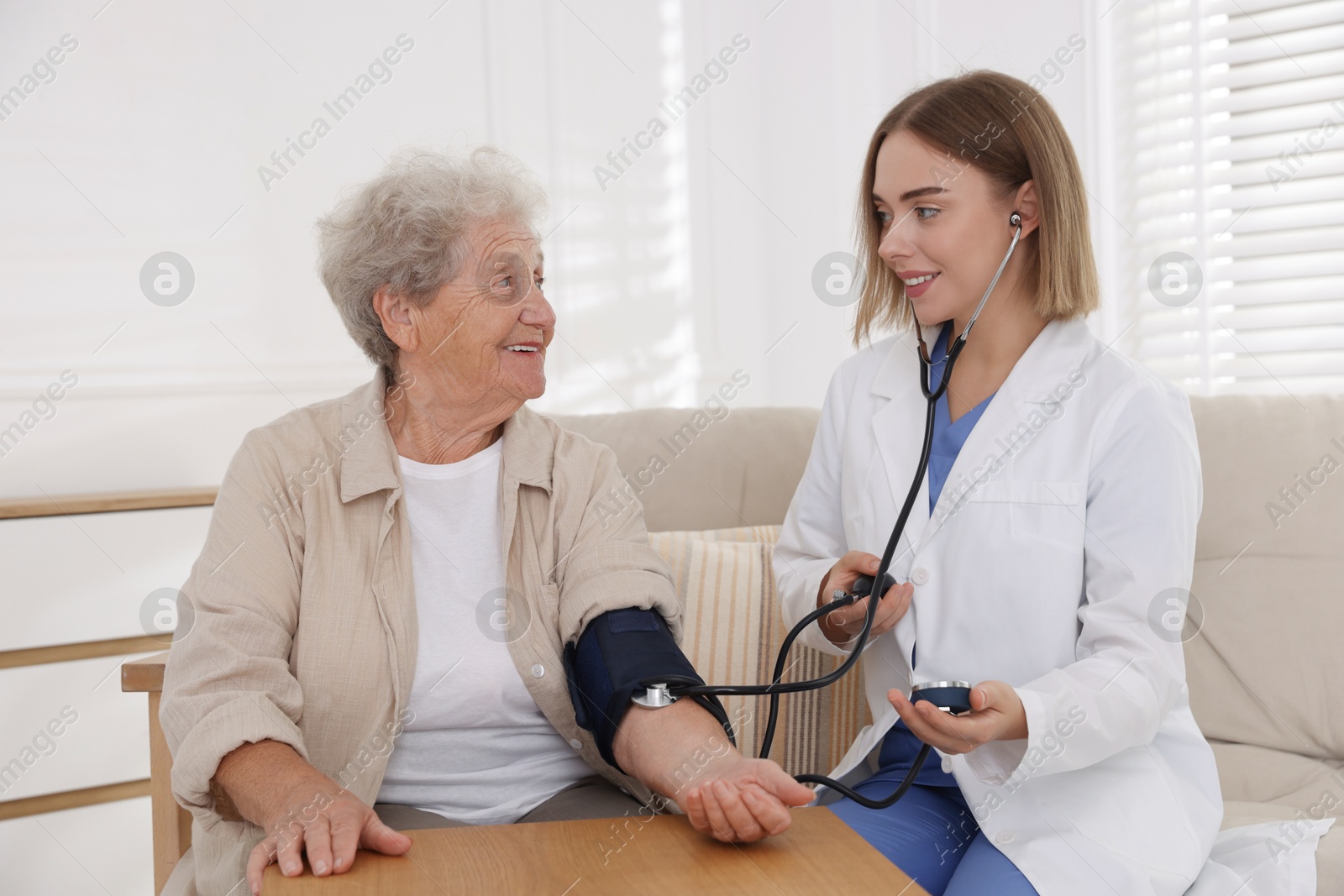 Photo of Doctor measuring patient's blood pressure at wooden table indoors