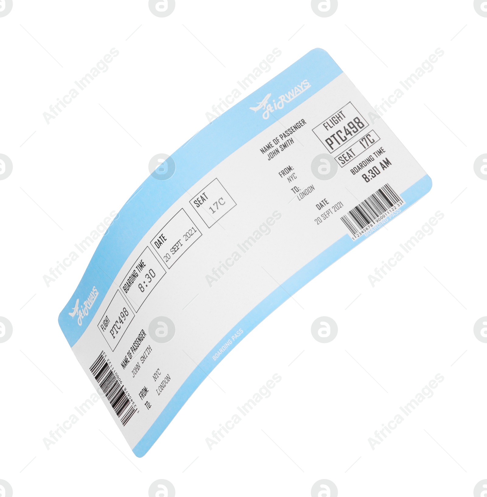 Photo of One airplane ticket isolated on white. Traveling abroad