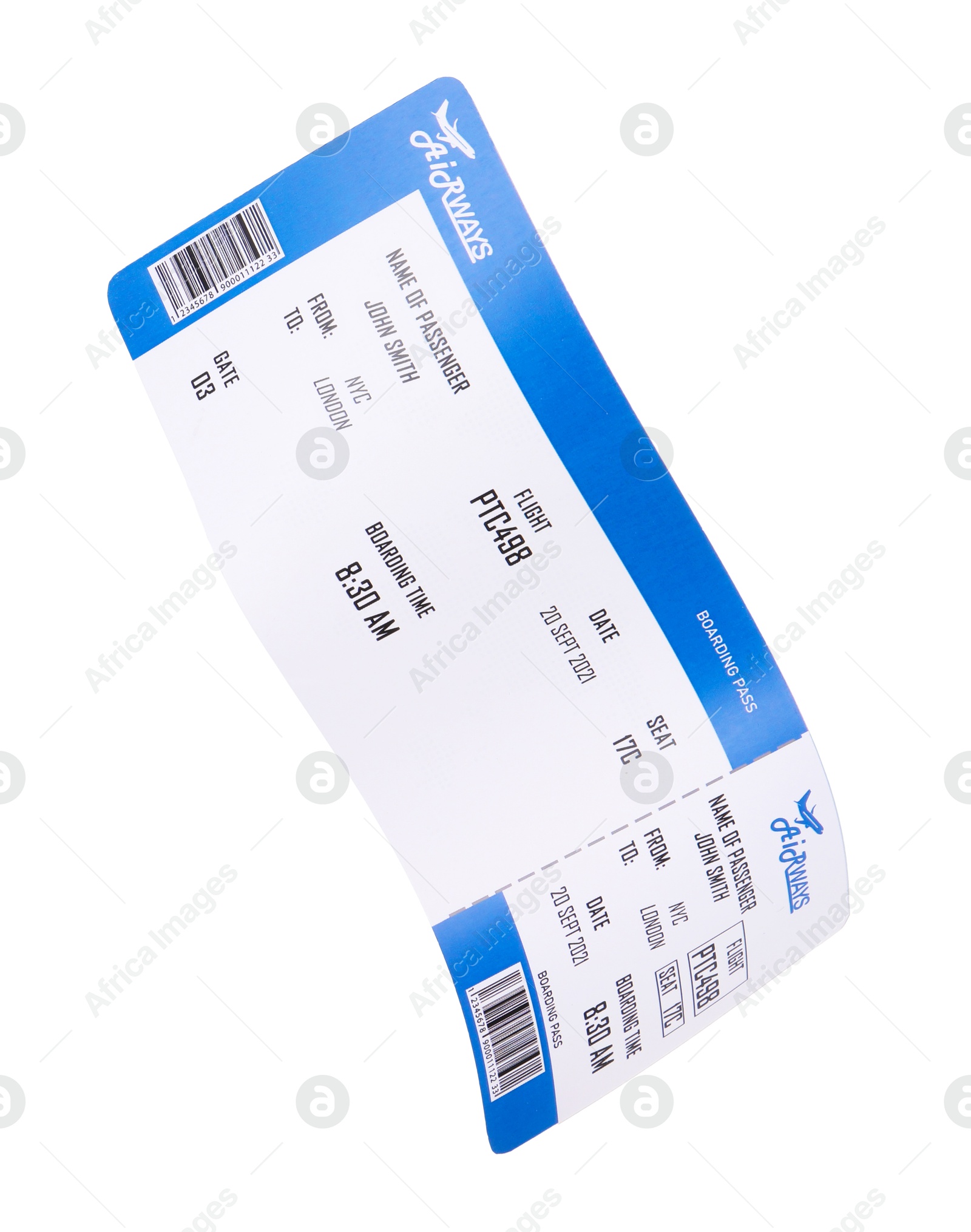 Photo of One airplane ticket isolated on white. Traveling abroad