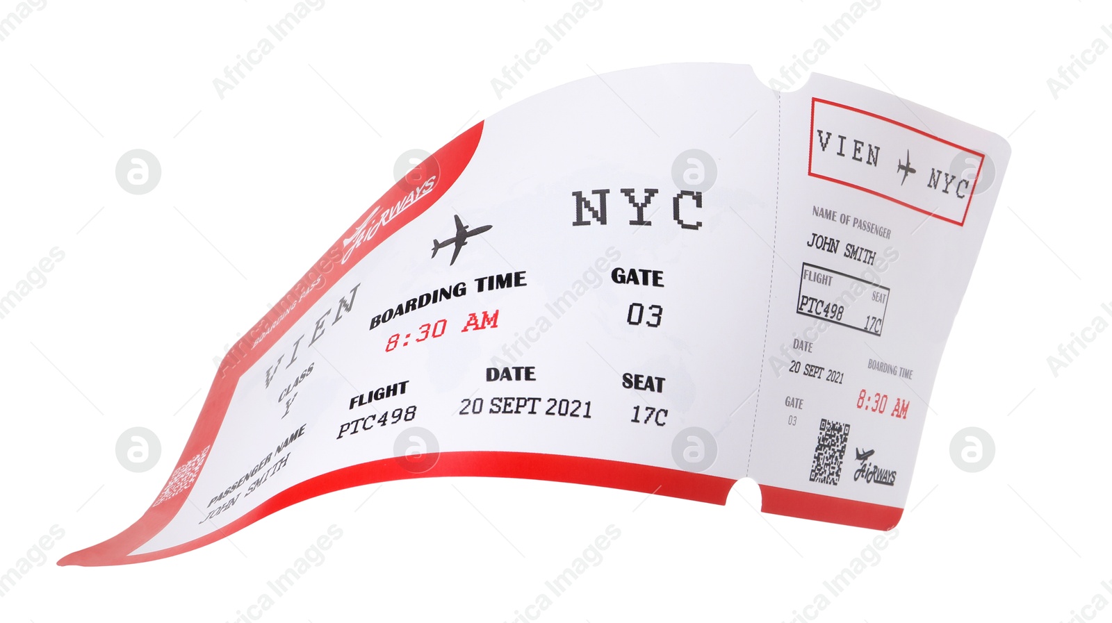 Photo of One airplane ticket isolated on white. Traveling abroad